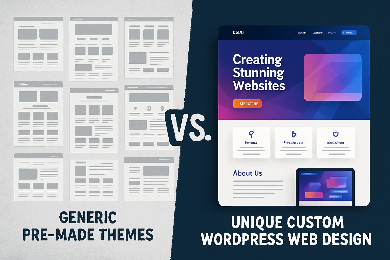 Comparison showing generic themes versus a unique custom wordpress web design that elevates a brand.