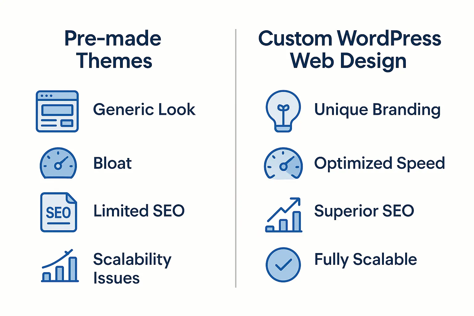 Infographic by wordpress experts detailing the benefits of custom wordpress web design like speed and SEO over pre-made themes.