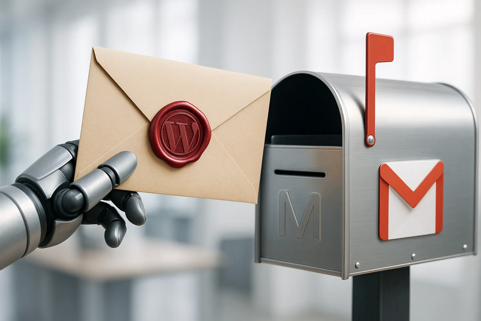 An artistic representation of WordPress securely handing an email to Gmail for reliable delivery.