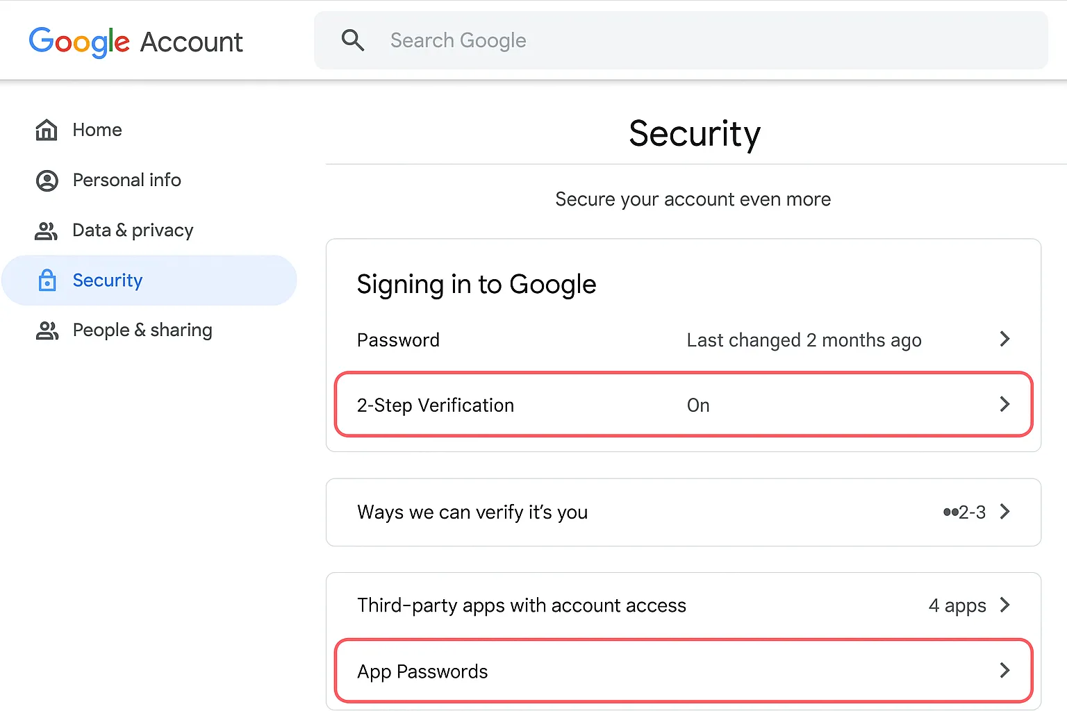 Highlighting the 2-Step Verification and App Passwords sections in Google Account security settings.