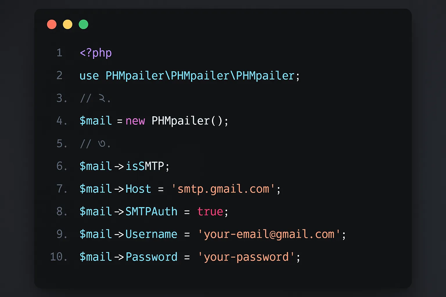 PHP code for connecting WordPress to Gmail SMTP using a standard Gmail address.