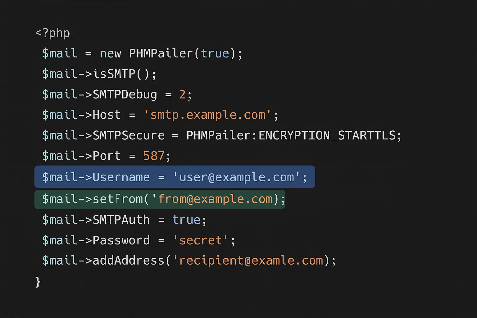PHP code for connecting WordPress to Gmail SMTP using a custom domain email address.